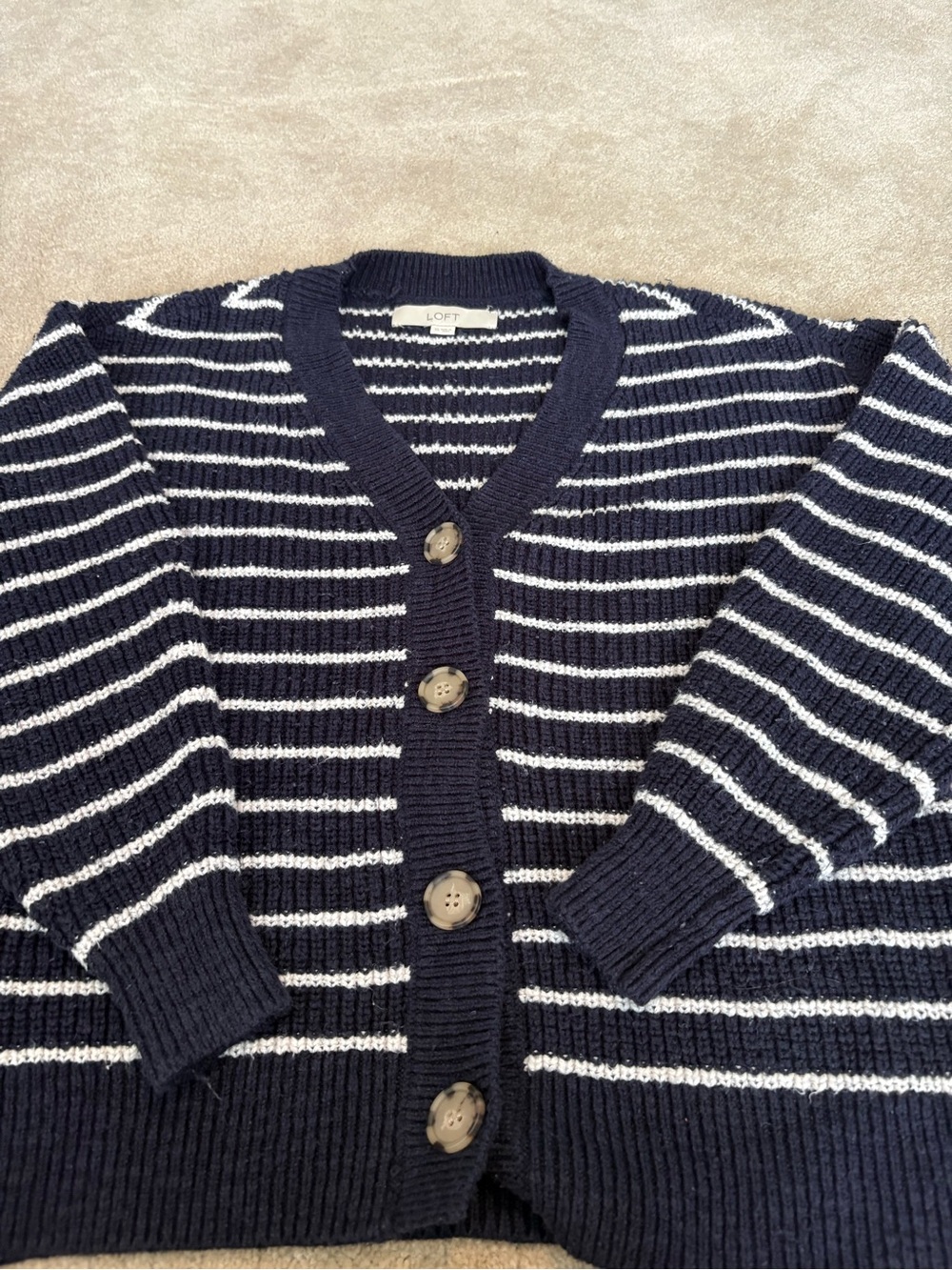 LOFT Navy and White Striped Button-Up Cardigan